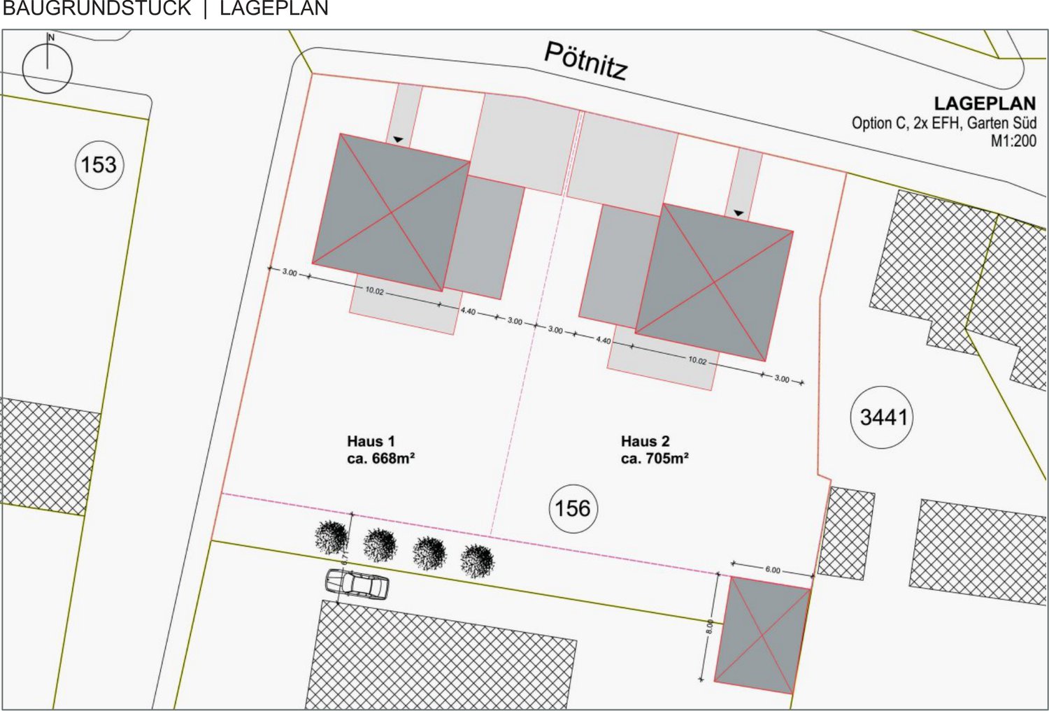 Lageplan des Baugrundstücks am Obstgut mit zwei möglichen Bauplätzen